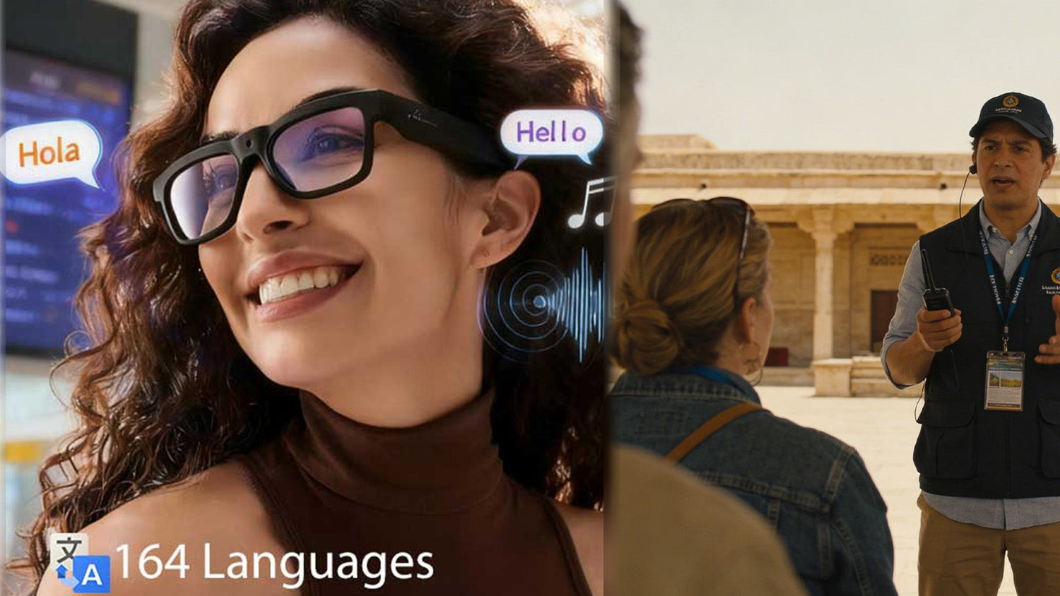 Woman wearing AI translation smart glasses, showing 164 languages and live speech translation for travel