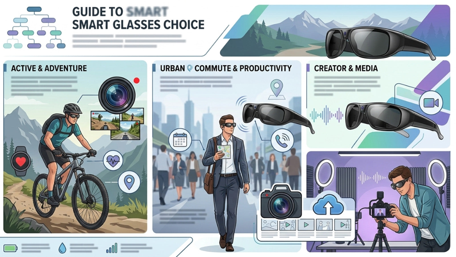 Infographic guide to choosing smart glasses for adventure, commuting, productivity, and content creation