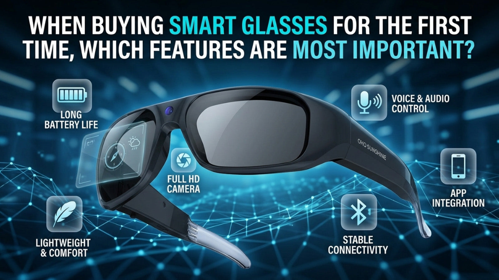 Infographic of key smart glasses features including battery life, camera, comfort, audio control, and app integration