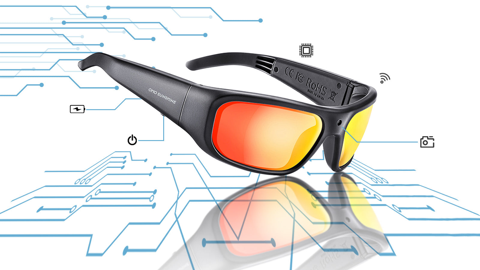 OMO SUNSHINE smart sunglasses with orange lenses and feature icons displayed over a blue circuit board background