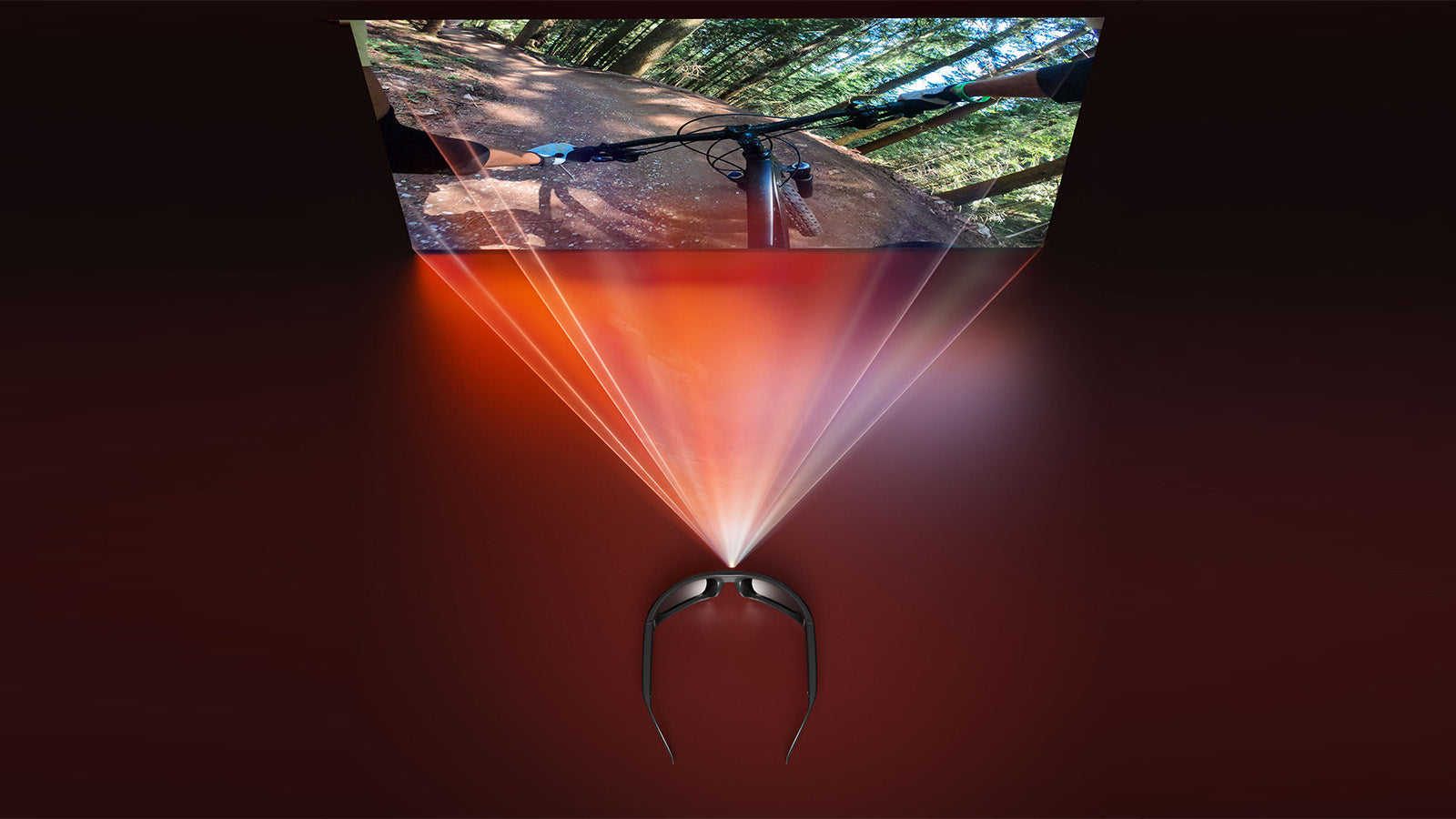Camera glasses projecting a first-person view video of a mountain bike trail ride