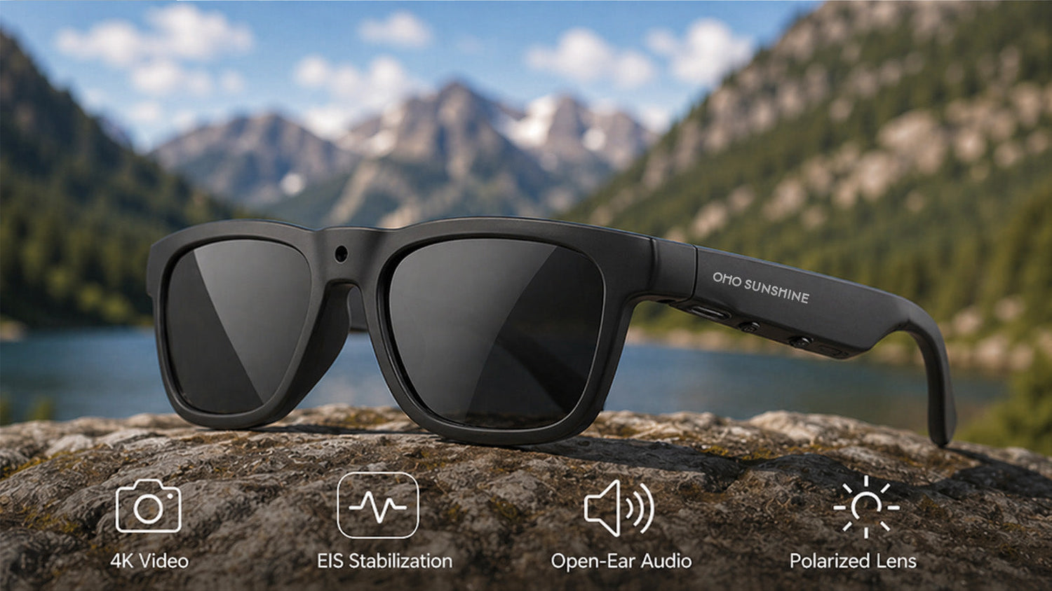 Black OHO Sunshine smart glasses by a mountain lake with icons for 4K video, EIS, open-ear audio, and polarized lens