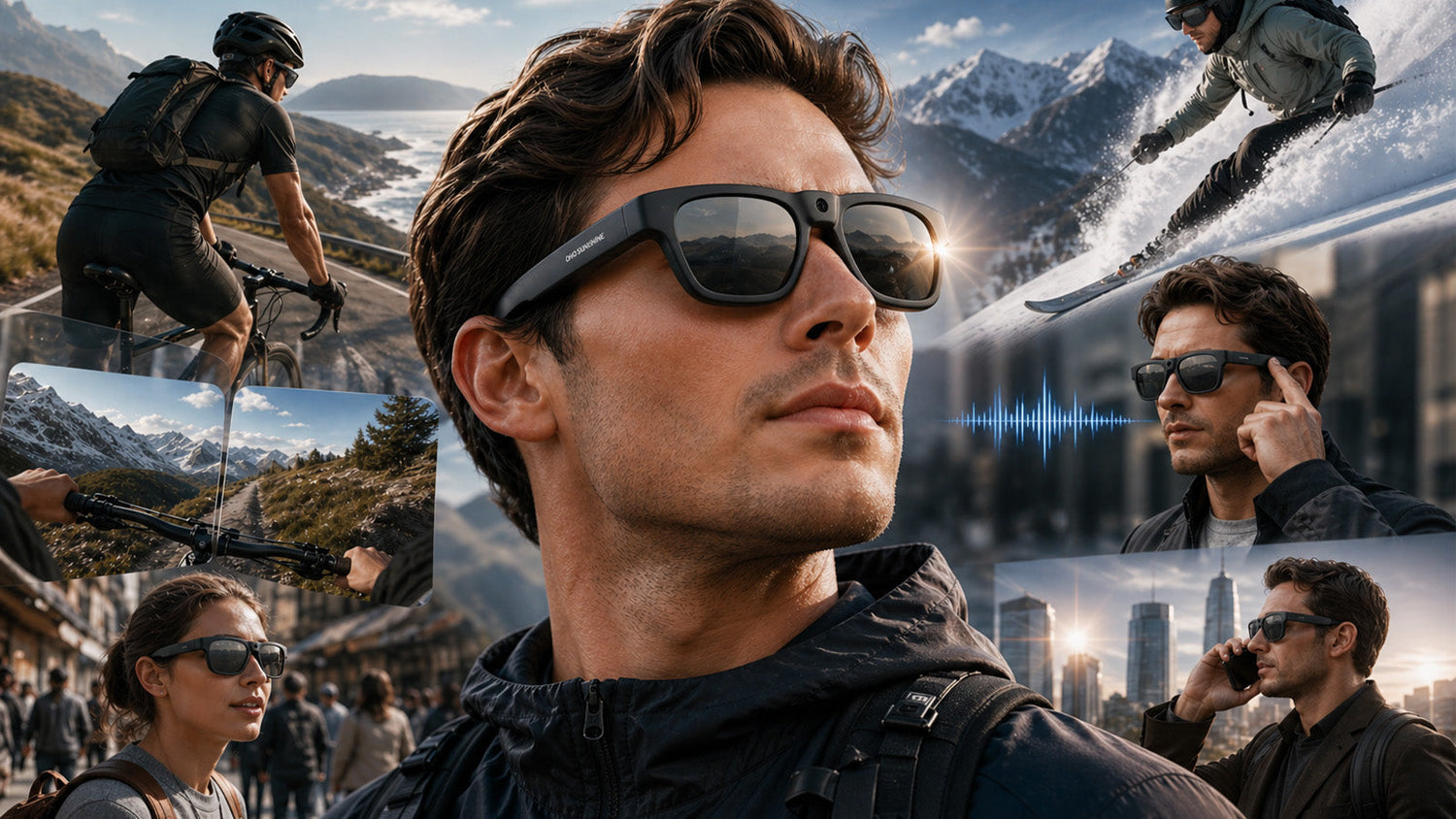 Collage of a man wearing smart glasses across cycling, skiing, commuting, and city travel scenes