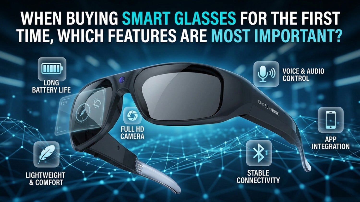 Infographic of key smart glasses features including battery life, camera, comfort, audio control, and app integration