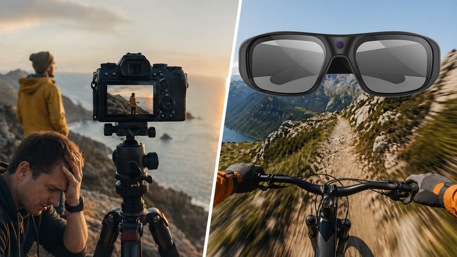 Split image comparing a camera setup with smart glasses recording a fast mountain biking trail