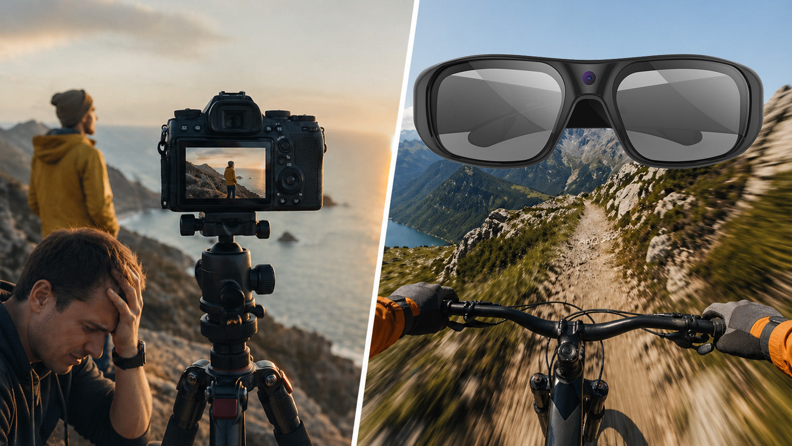 Split image comparing a camera setup with smart glasses recording a fast mountain biking trail