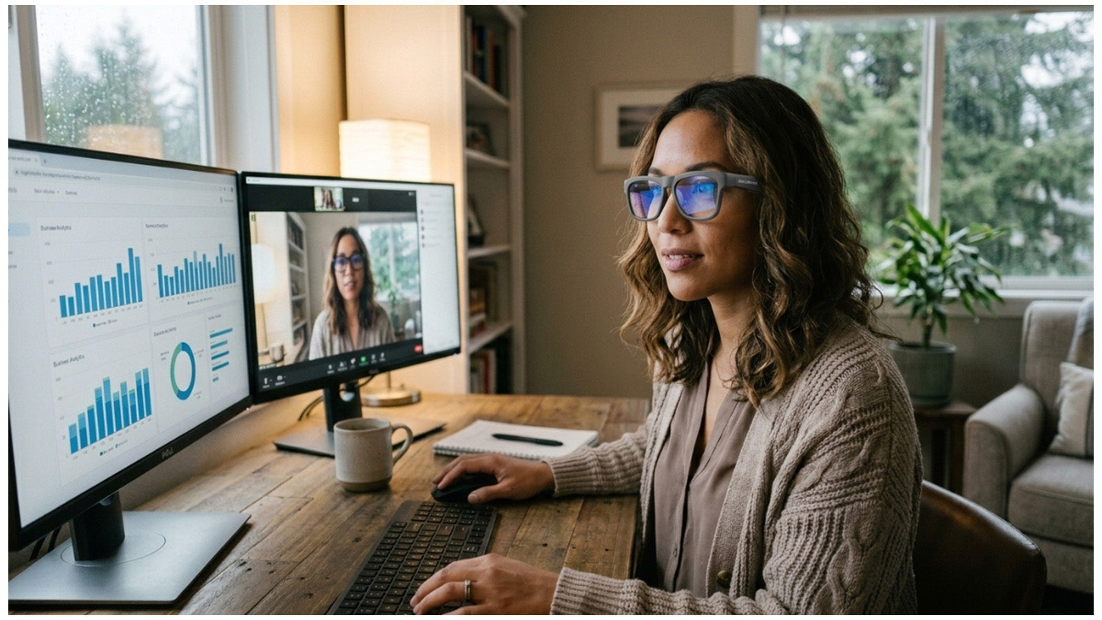 Woman working at a desk with dual monitors showing charts and a video call in a home office