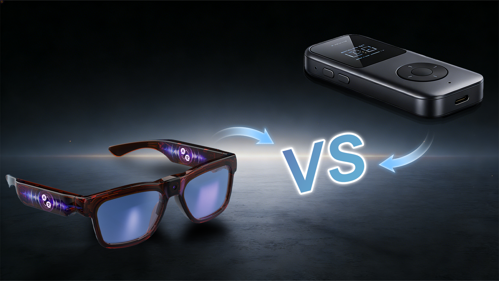 Comparison graphic showing AR translation glasses on the left versus a handheld voice translator device on the right