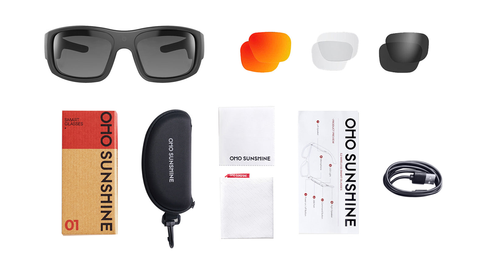 OHO Sunshine camera sunglasses kit including lenses, case, manual, and USB cable