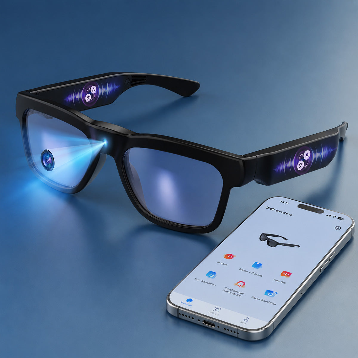OhO Sunshine Edge pro Smart Glasses with Camera & Bluetooth - 4K & Real-Time Translation Blue Light Blocking & Photochromic Lens
