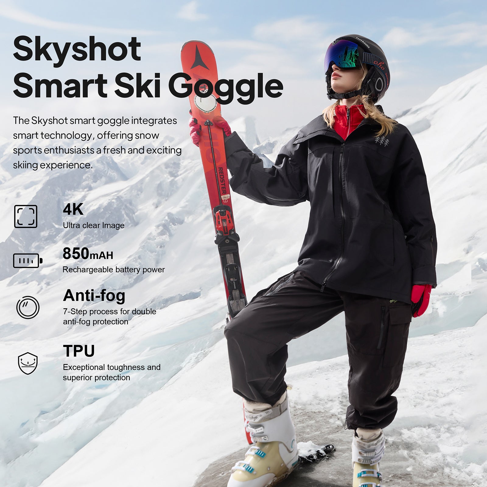 OhO Sunshine 4K Camera Smart Ski Goggles with WiFi, 24M Photo, Anti-Fog - Skyshot